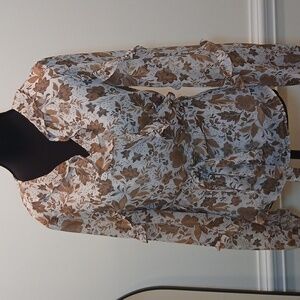 CeCe Tan & White Floral Ruffle Wrap Blouse – Size Small